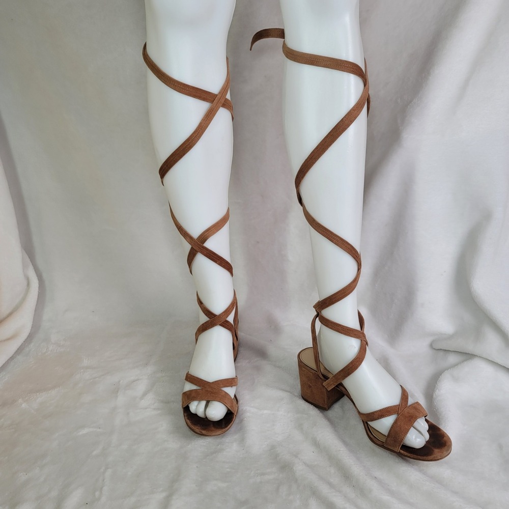 Bohemian Gladiator Wrap Heels Festival Sandals Brown Faux Suede Party Size 8.5